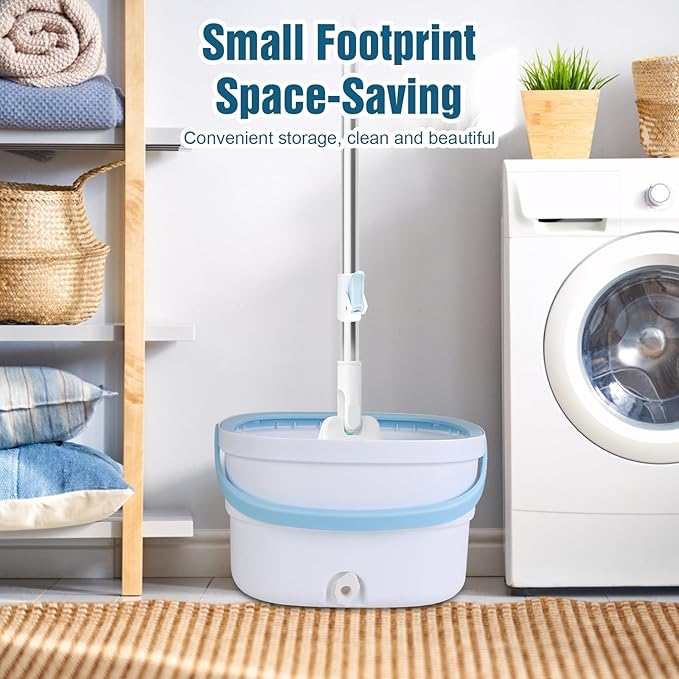 Spin Mop and Bucket Set with Self Separation Dirty and Clean Water System Self Wringing 180 °Rotating Clean Mop-Head for Hardwood Tile Marble Floor (Square Spin Mop, 2 Replaceable Microfiber Mop Pads)