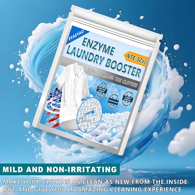 Enzyme Laundry Booster Odor Remover - 2 lbs Enzymatic Clothes Stain Cleaner Powder, Natural Deodorizer with Bio Active Enzymes, Detergent Additive Eliminator for Sweat, Oil, Blood - 68 Loads (32 oz)