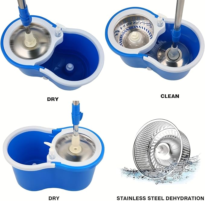 360° Spin Mop and Bucket System with Wringer - 61" Stainless Steel Handle & 3 Microfiber Refills, Self-Cleaning Floor Mop for Tile, Hardwood, Laminate Floors (Blue and White)