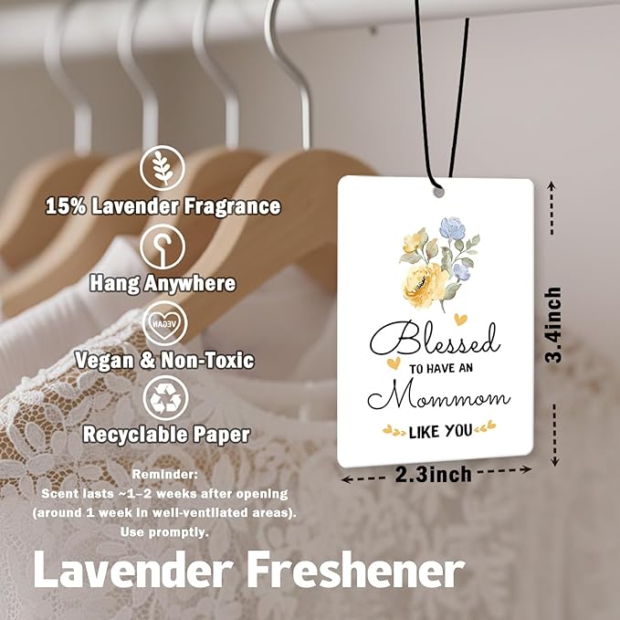 Mommom Grandma Gifts Car Air Freshener Hanging 3 Pack, Blessed to Have An Mommom Car Accessories Gifts for Grandma Christmas Women,Rustic Floral Scent Card Lavender for Closet Bathroom Decor