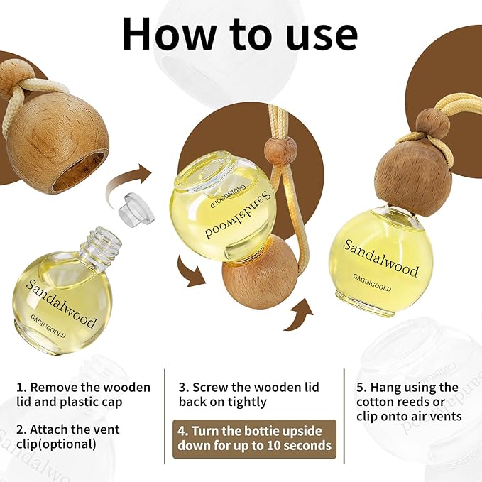 Car Air Freshener Hanging 2 Pack, Sandalwood & Terre Scent Essential Oil Diffuser Long Lasting Up to 150 Days, Cute Car Accessories with 2 Vent Clip for Women Men Gift, Odor Eliminator