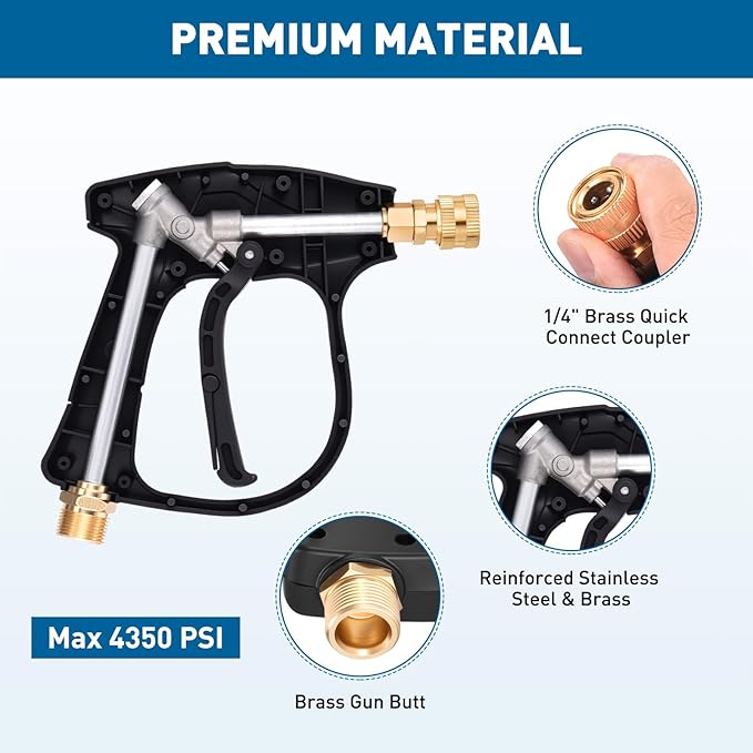 Pressure Washer Short Gun with Foam Cannon, 3/8" Thread x Quick Socket, M22-15mm to M22-14mm Adapter, Power Washer Gun with 7 Nozzles, Wash Kit Accessories for Cars, Driveway, Yard