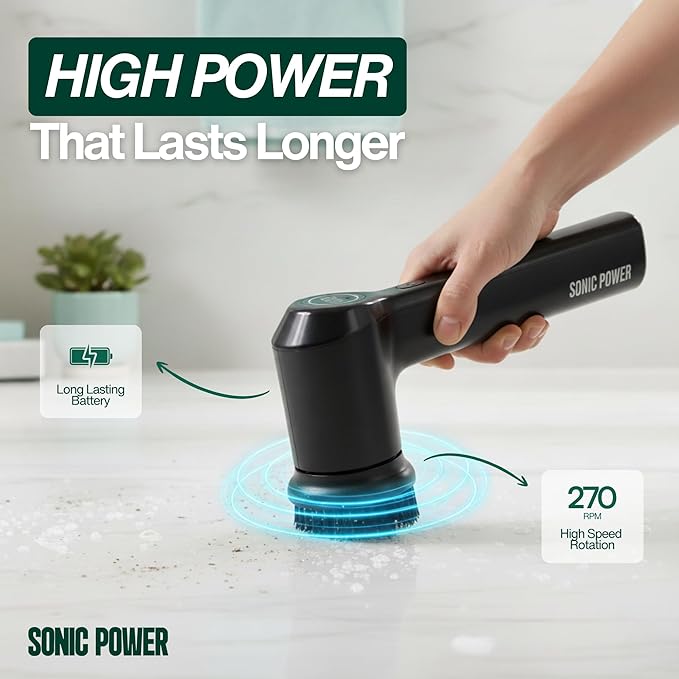 Electric Spin Scrubber – Handheld & Ergonomic, IPX7 Waterproof, 4 Multi-Purpose Brush Heads, Long-Lasting Rechargeable Battery – Cleans Dishes, Bathroom, Tile, Grout & Kitchen (Black)