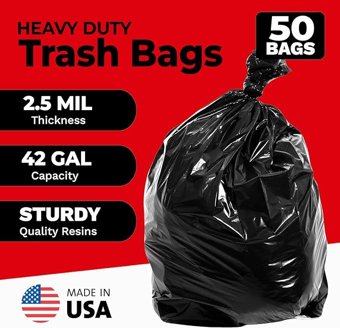 ToughBag 42 Gallon Trash Bags, 2.5 Mil Contractor Garbage Bags (50 COUNT) Heavy Duty Black Garbage Can Liners, 33 x 48" - Construction, Lawn, Industrial, Leaf - Made in USA