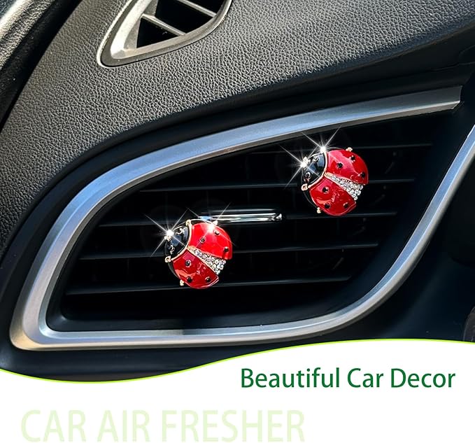 Ladybug Car Decor,2pcs Bling Lady Bug Air Vent Clips Car Air Freshener,Cute Red Car Accessories Gift for Women,Refillable Rhinestone Aroma Diffuser