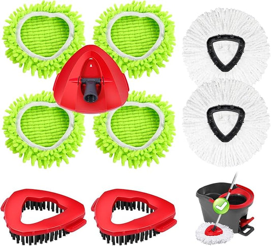 6 Pack Chenille Microfiber Spin Mop Replacements Head for Oceda EasyWring 1-Tank System,3 Mop Scrub Brush + 2 Mop Base + 6 Pack Spin Mop Head(9PCS)