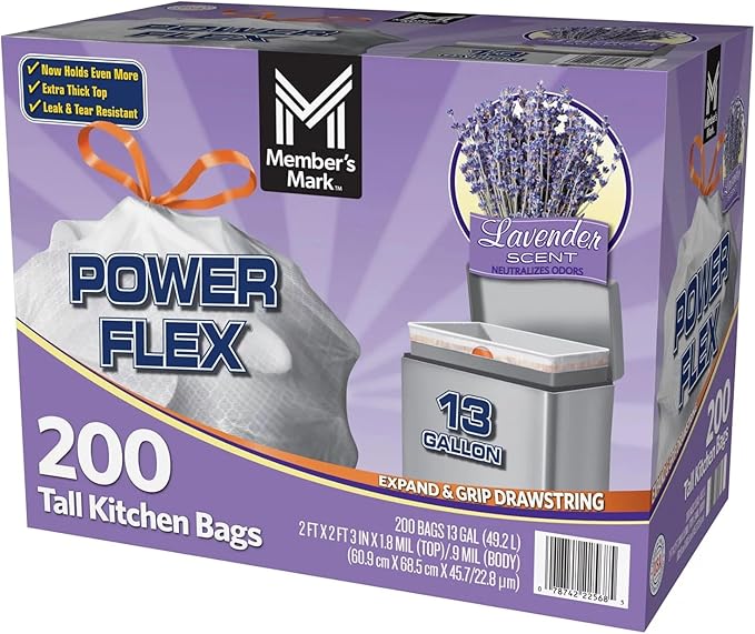Member's Mark Power Flex Tall Kitchen Drawstring Trash Bags (13 Gallon, 2 Rolls of 100 ct., 200 count total)
