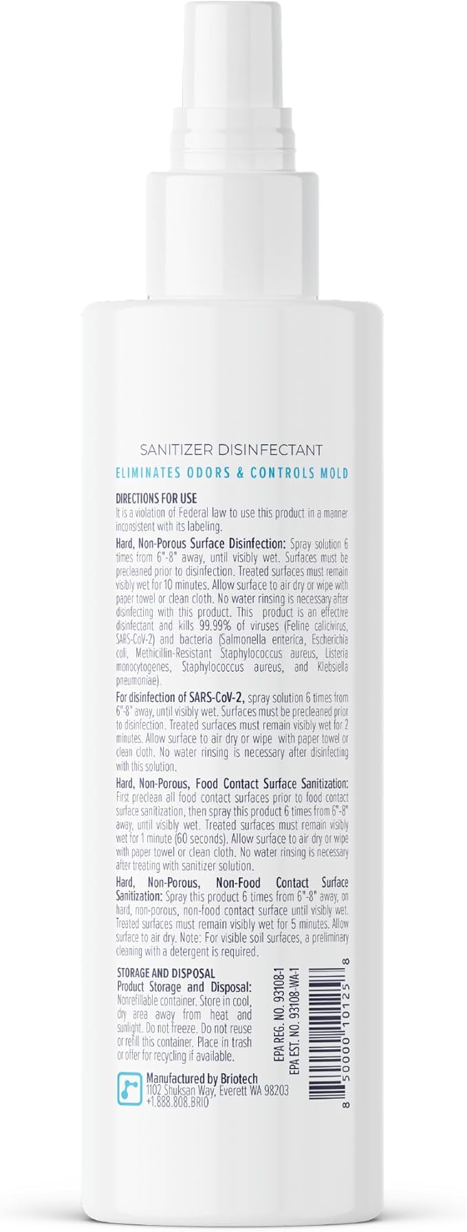 BRIOTECH Sanitizer Disinfectant Hypochlorous Spray, Kill 99.99% of Viruses & Bacteria, Control Mold, Eliminate Odor, Gentle for Nursery & Play Rooms, Food Contact Surface Sanitizer, 8.5 fl oz