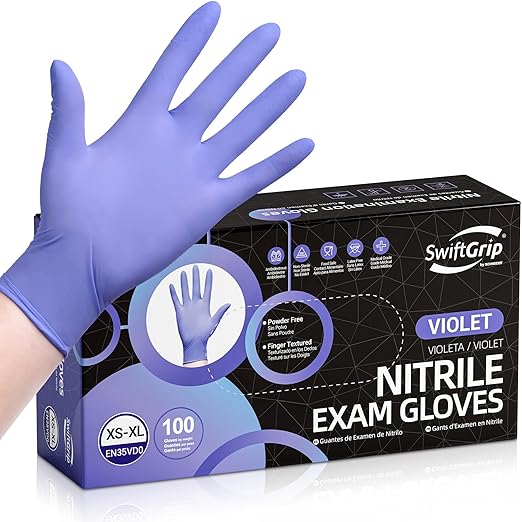 Disposable Nitrile Exam Gloves, 3mil, XL, Box of 100, Violet Nitrile Gloves Disposable Latex Free for Medical, Cleaning, Cooking & Esthetician, Food-Safe, Powder-Free, Purple, Non-Sterile
