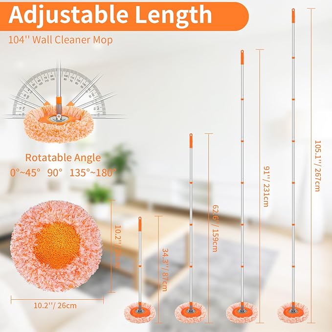 Wall Mop for Painted Walls, Wall Cleaner Mop with 104''/ 62" Long Handle, Dry Mop for Wall Floor Ceiling Cleaning, 2 Reusable Pads (Orange)