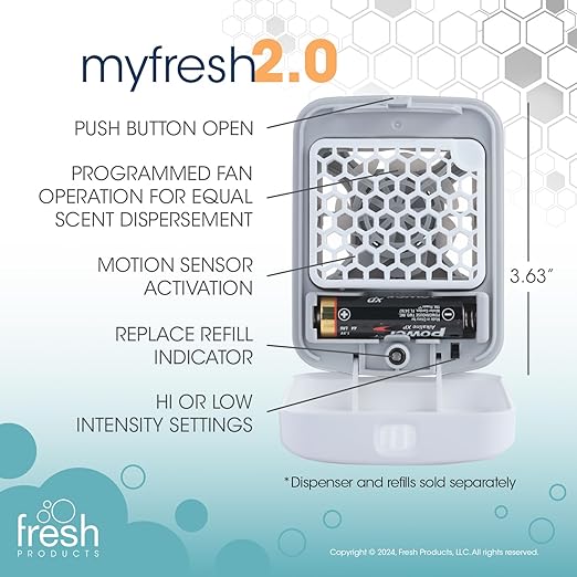 Fresh Products myfresh 2.0 Personal Air Freshener with Dry Fragrance Technology for Small Spaces Compact Design Motion Sensor Battery Included Coconut Vanilla 6 pk