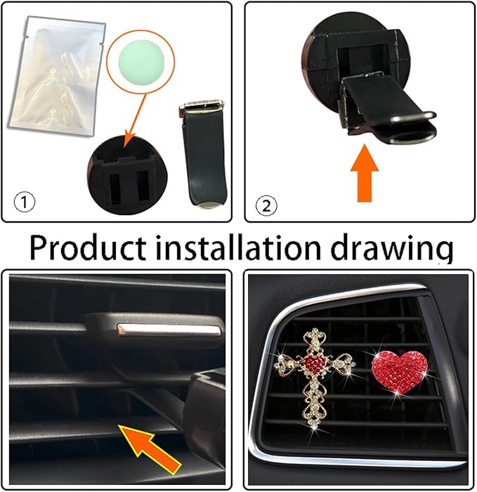 2PCS Bling Car Vent Clip Car Accessories, Crystal Rhinestone Cross and Heart Car Air Fresheners Vent Clips, Diamond Auto Air Conditioner Outlet Decoration Charm for Women