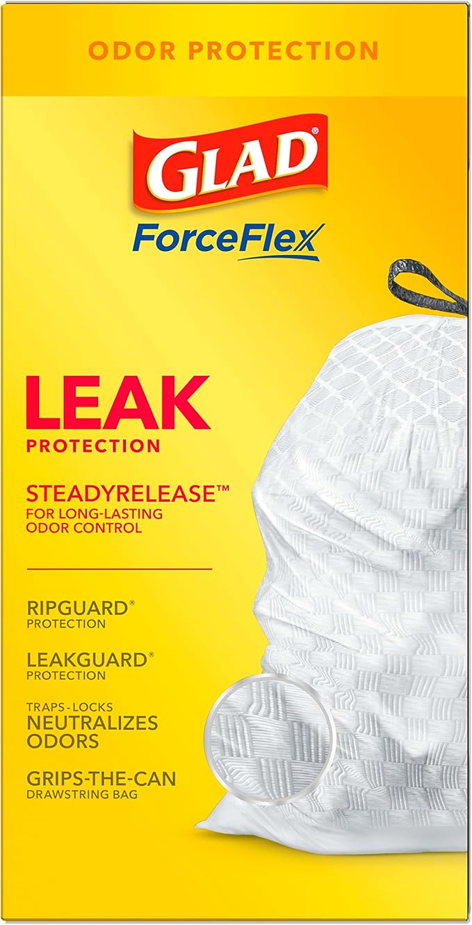 Glad Trash Bags, ForceFlex Tall Drawstring Garbage Bags, 13 Gallon White Trash Bags for Tall Kitchen Trash Can, Mediterranean Lavender with Febreze Freshness to Eliminate Odors, 40 Count (Pack of 2)