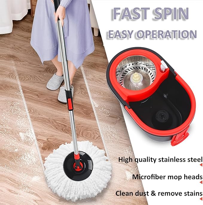 360° Spin Mop and Bucket System with Wringer - Includes 3 Microfiber Mop Refills & 50" Extended Handle for Floor Cleaning, Easy Squeeze, Efficient Home Cleaning Tool (Black) (Black Red)