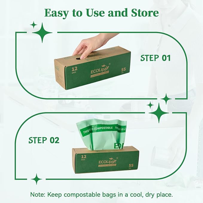 ECOLipak 55 Gallon Compostable Trash Bags, 12 Count Heavy Duty Extra Thick 1.57 Mil, 208.2 Liter Large Garbage Bags for Commercial/Lawn/Yard/Restaurant, US BPI ASTM D6400 and OK Compost Home Certified