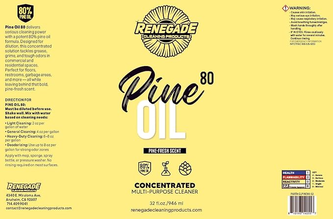 Renegade Cleaning Products Pine Oil 80 Concentrated Floor & Surface Cleaner – Multi-Purpose Pine Scent Degreaser for Home & Commercial Use (32 OZ)