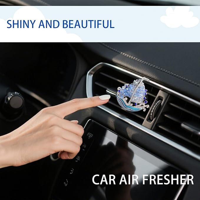 Nautical Car Decor,Coastal Sailboat Car Air Freshener Vent Clip,Cute Crystal Bling Blue Beachy Accessories for Women,Glitter Beach Ocean Themed Decoration Gift
