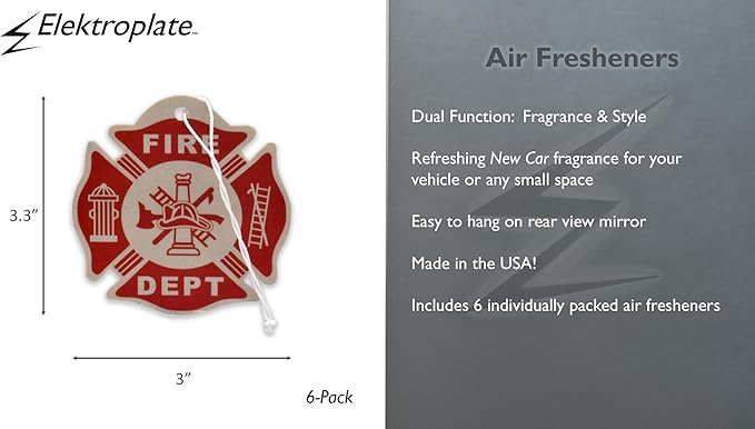 Elektroplate Fire Department Firefighter Red Automotive Air Fresheners for Vehicles | New Car Scent (6-Pack) | Made in the USA