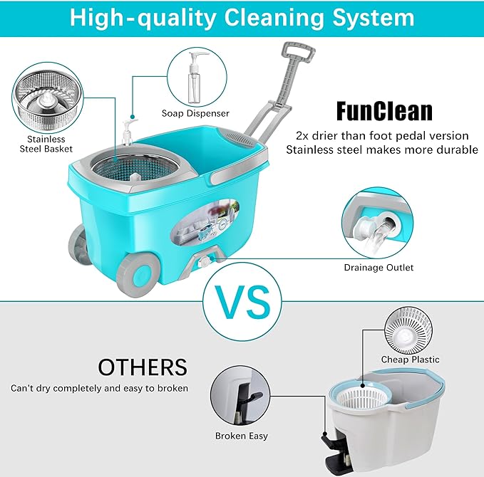 Spin Mop Bucket and FunClean Blue Mop Bucket with 12 Pcs Mop Heads