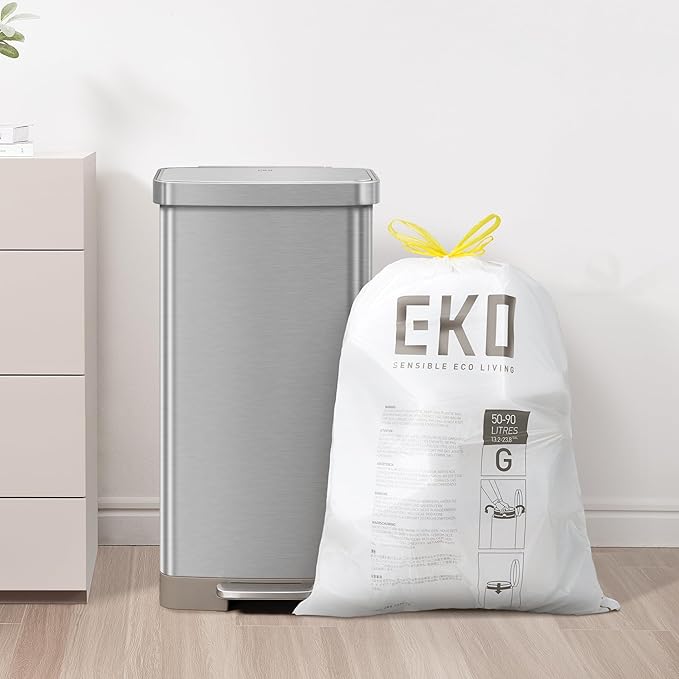 EKO 21 Gallon / 50-90 Liter, 60 Count Drawstring Trash Bags, Extra-Strong Garbage Bags, Fresh Floral Scent with Continuous Odor Control, Easy-Dispense Roll for Kitchen and Household Use, Code G, White
