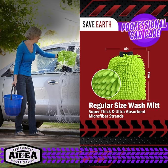AIDEA Car Wash Mitt Microfiber, 4PK Scratch Free Lint-Free, Premium Chenille Microfiber Mitt Car Wash Brush, Green, Extra Large Size 8''X12''