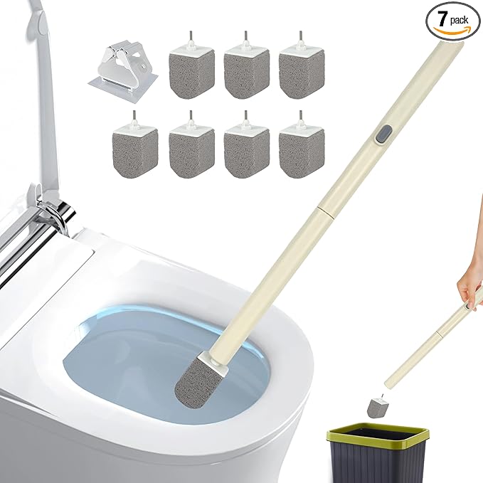 Pumice Stone Toilet Bowl Cleaner with 20" Ultra Long Handle, Push-Button Replaceable Head Hard Water Ring Stain Remover for Bathroom, Bathtub, Pool, Kitchen Sink Cleaning, 7 Pack (gray)