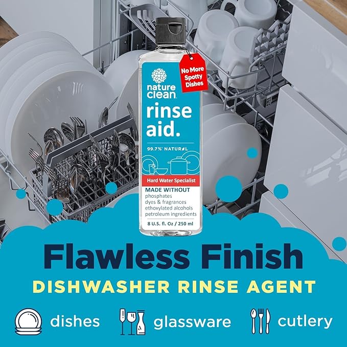 Nature Clean Dishwasher Rinse Aid Liquid, Non Toxic Natural Formula, Spot Free Shine for Glasses & Dishes, Hard Water Stain Remover, Dishwasher Drying Agent, 8 oz/250 ml Pack of 4