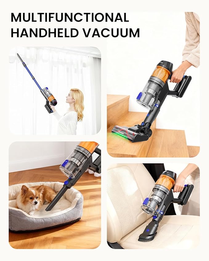 Cordless Vacuum Cleaner,500W 40KPa 60Mins Vacuum Cleaners for Home,Powerful Stick Vacuum With Green Light,Anti-tangle Wireless Vacumm, Rechargeable Vacuum for Pet Hair/Carpet/Hardwood Floor,Blue