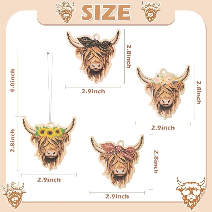 ANGOLIO 4Pcs Highland Cow Air Freshener Car Hanging Gifts for Women Funny Highland Cow Print Car Accessories Hanging Ornament Vent Decoration Aromatic for Party Supplies Cute Aromatic Accessories