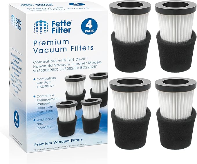 Fette Filter - F117 Replacement Vacuum Cleaner Filter with Compatible with Dirt Devil Handheld Vacuum Cleaner Models SD20005RED, SD30025B, BD22025 Part # AD40117 - Pack of 4