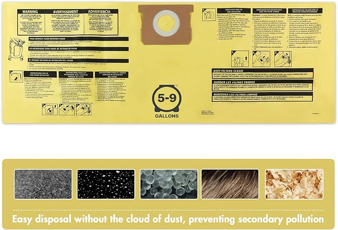 Shop-Vac 90671 Genuine Type H 5-to-9-Gallon High-Efficiency Disposable Collection Filter Bag 4 Pack, Yellow