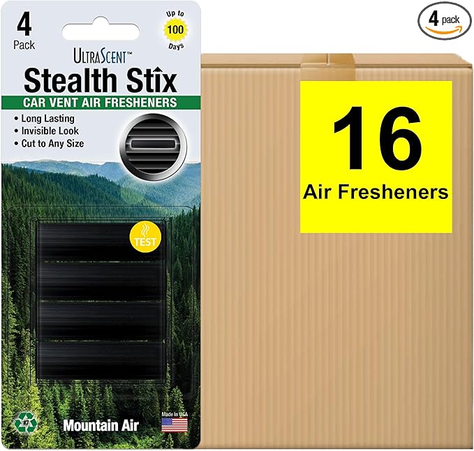 Car Vent Clips Air Freshener Stealth Stix Car Vent Clips that Slip on Vent Blade, 4-Pack/16-Stix (Mountain Air)