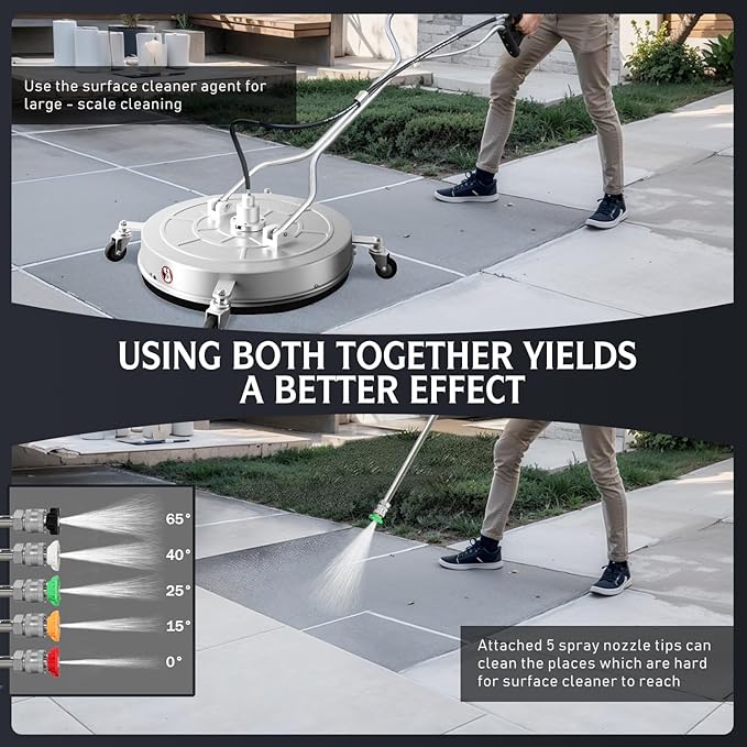RAYNEL 30'' Pressure Washer Surface Cleaner with 4 Wheels, Dual Handle, Stainless Steel Housing, 2 Hose Adapters, 4 Replacement Nozzles and 5 Spray Nozzles