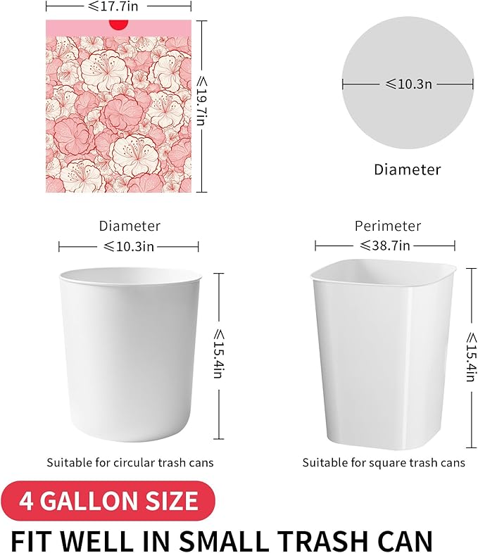 Trash bags, 4 Gallon Trash Bags Drawstring, Colorful & Portable Small Trash Bags with Plum Blossom Printed, Tear-Resistant Garbage Bags 4 Gallon for Bathroom Office Trash Cans, 80 Count