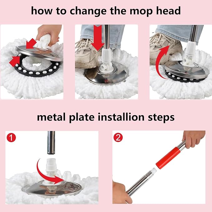 Spin Mop and Bucket with Wringer Set,for Floor Cleaning,with Floor Scrub Brush,61" Adjustable Handle and 6 Microfiber Mop Head(White)