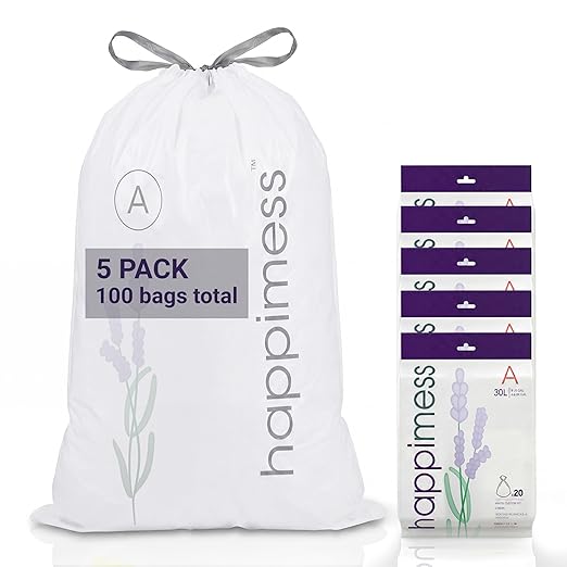 happimess 8 Gallon (30L) Drawstring Trash Bags, Lavender Scent, White, Heavy Duty MDPE Liners for Kitchen and Household, Odor Control, Custom Fit 100 Count (5 Packs of 20 Liners) HPM3101A-W-5SET