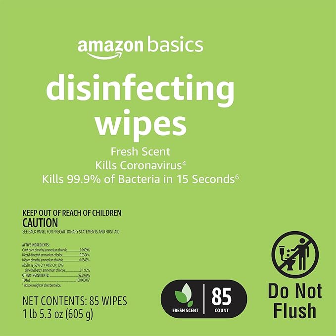 Amazon Basics Disinfecting Wipes, Lemon & Fresh Scent, Sanitizes/Cleans/Disinfects/Deodorizes, 1020 Count (12 Packs of 85)