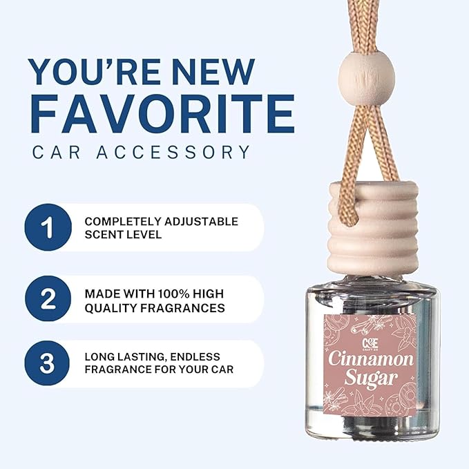 C&E Craft Co Hanging Car Air Freshener Diffuser 2 Pack, Long Lasting Fragrance Oil Car Freshener, Glass Bottle Auto Air Freshener, Made in USA (Cinnamon Sugar + Sugar Cookie)
