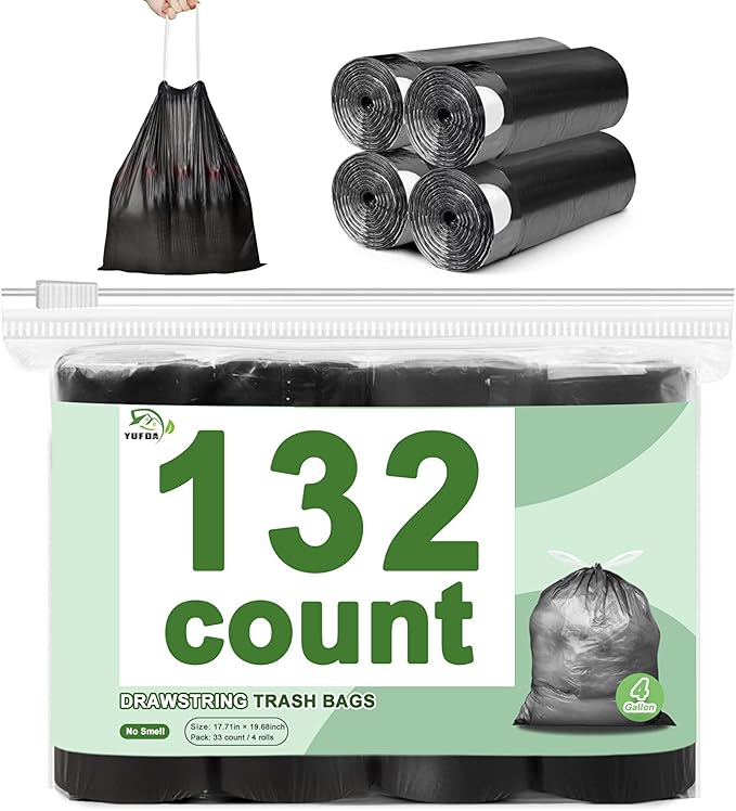 132 Count-Small Trash Bags, 4 Gallon Trash Bag Drawstring,Bathroom Garbage Bags，Tear-Free Garbage Bags ，Plastic Wastebasket Liners for Toilet Home Office and Bedroom(Black)