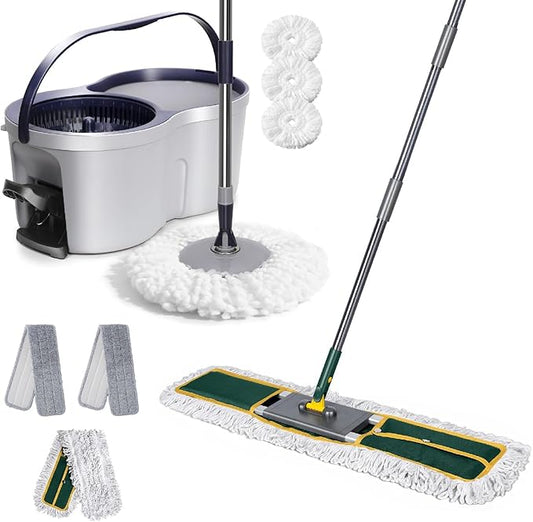 Masthome 36" Commercial Mop with 3 Microfiber Pads & Spin Mop and Bucket Set with 3 Mop Pads for Floor Cleaning - Home & Office Suitable