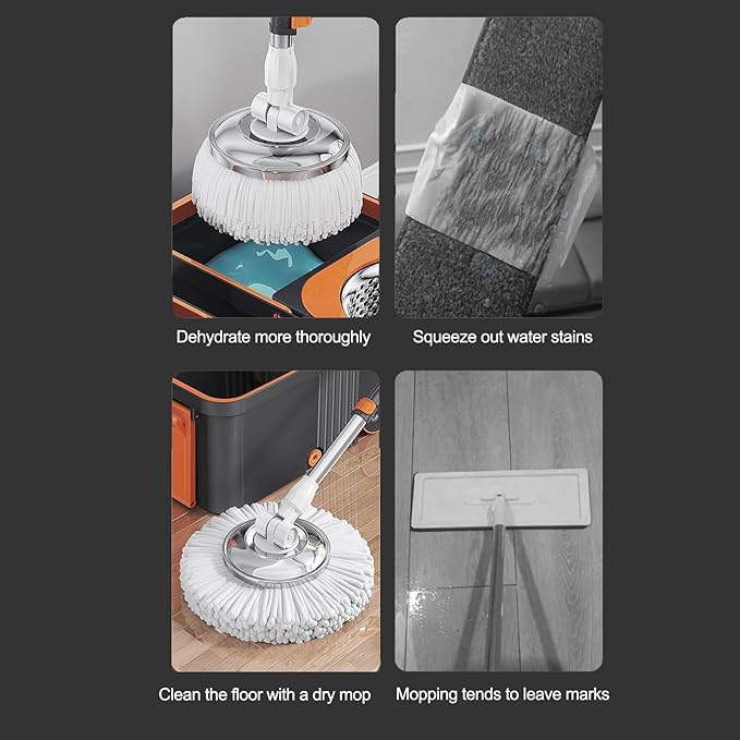Spin Mop and Bucket,Mop and Bucket with Wringer Set for Home,360 Degree Stainless Steel Spin Mop,Microfiber Mop Head,Household Essentials Cleaning Tools,Wall Floor Cleaning Supplies (Orange)
