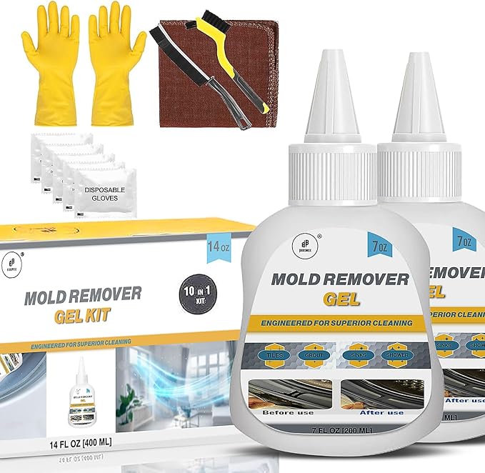 Household Mol-d Remover Gel - Stain Cleaning Gel Kit – 14 FL Oz / 10 in 1 Premium Cleaning – for Washing Machine Seals, Tile Grout, Bathroom, Kitchen, Sink – Includes Brushes, Cloth & Gloves