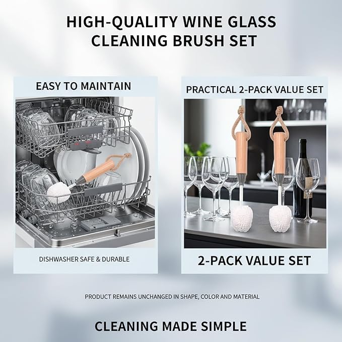 Wine Glass Cleaner Set, Non-Scratch Bristle Brushes with Wooden Handle, Safe for Crystal Champagne Flutes Stemware (2Pcs)