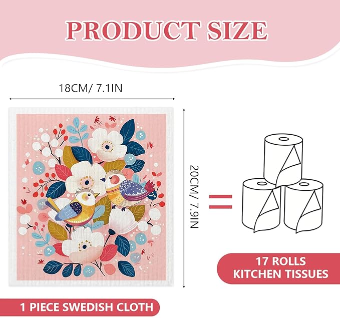 Mixed Retro Bird Swedish Kitchen Dishcloths Dish Towels 6 Pack, Bird Dish Towels for Kitchen, Swedish Dishcloth with Flower, Paper Towels Reusable, Dish Cloth Towel Cleaning Wipe for Home Party