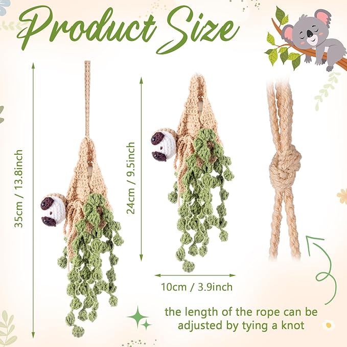 Cute Crochet Plant Car Freshener 12ml Empty Refillable Diffuser Bottle with Plants Hanging Accessories for Rearview Mirror Home Office Decor Women Mother's Day Gifts(Sloth)
