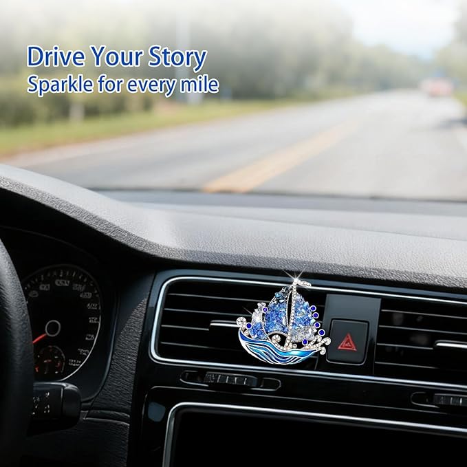 Nautical Car Decor,Coastal Sailboat Car Air Freshener Vent Clip,Cute Crystal Bling Blue Beachy Accessories for Women,Glitter Beach Ocean Themed Decoration Gift
