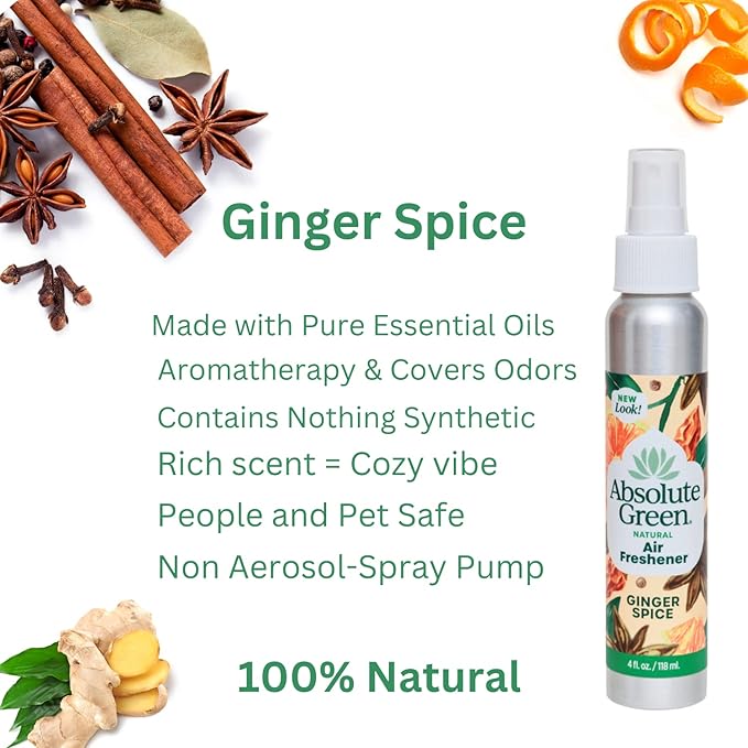 Absolute Green Air Freshener Room Spray, Non-Toxic, Cover Odors, Safe around Kids and Pets, Natural Ginger Spice Scent 4oz (Pack of 2)