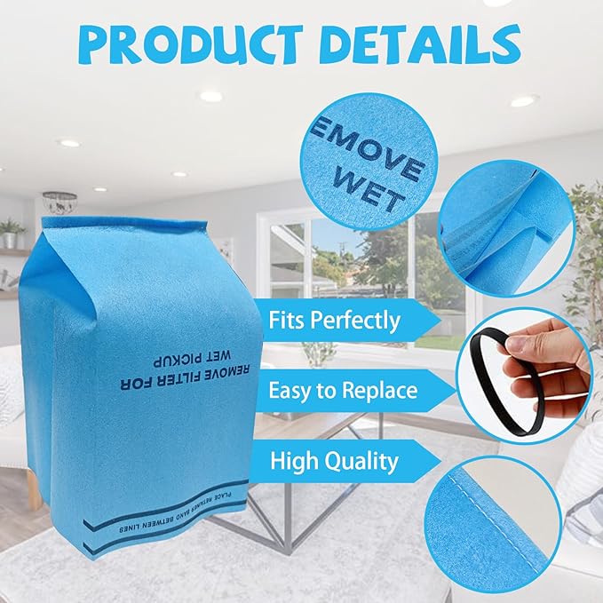 12 Pack 38737 Dust Filter Bags Replacement for Craftsman 2 to 2.5 Gallon Wet/Dry Vacuums and Powerhead Bucket Vac, with 3 Retaining Bands Blue, Part# 9-38737/CMXZVBE38737, WORKSHOP, WS01025F2, VF2000