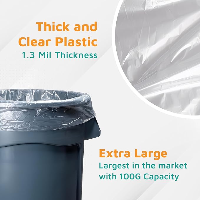 PlasticMill Heavy Duty Trash Bags - Clear Garbage Bags - Plastic Trash Bags for Large Rolling Trash Bins - Tall Trash Bags - 100-Gallon Large Kitchen Trash Bags, 1.3 Mil, 67"x79" (10-Count)