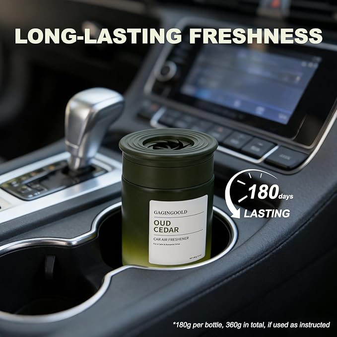 Car Air Freshener, Sandalwood Pine Scent Diffuser with Rotating Cap for Adjustable Fragrance Intensity, Gel Odor Eliminator for Home Car Bathroom, Every 6.4 oz Lasts 90 Days, 2 Pack, Green